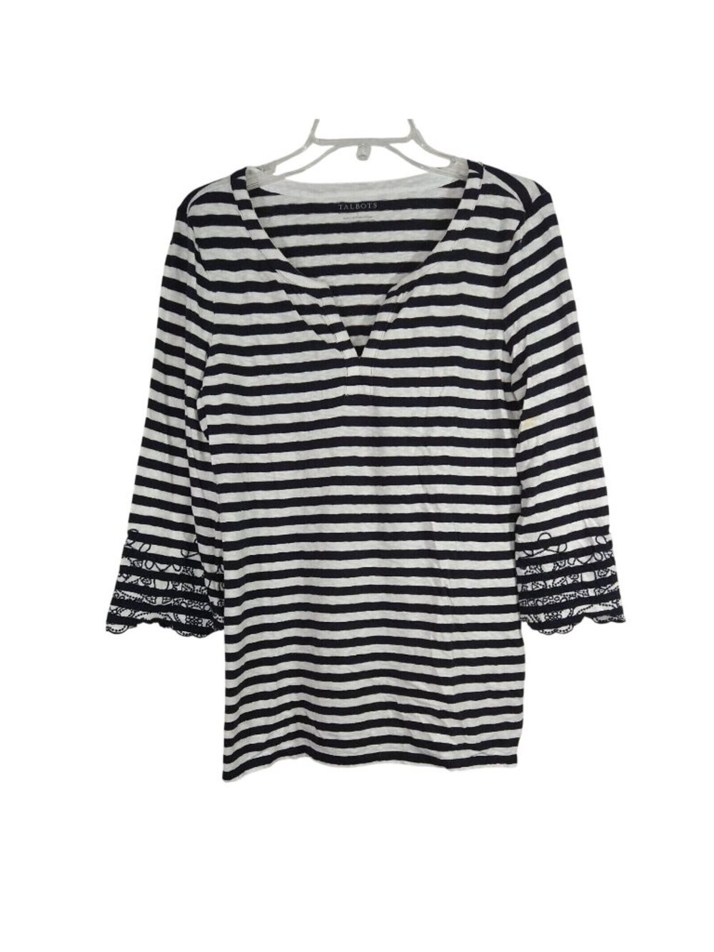 Talbots Knit Top Women Size S White Blue/Black Stripe Embroidered 3/4 Slv FLAW